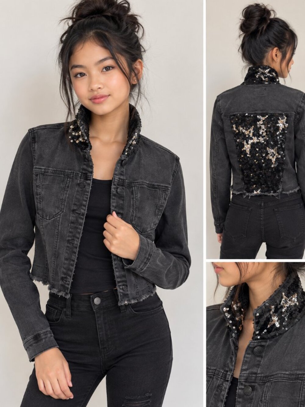 NWOT - HUDSON YOUTH GIRL M BLACK DENIM SEQUINED JACKET WITH STARS Size M